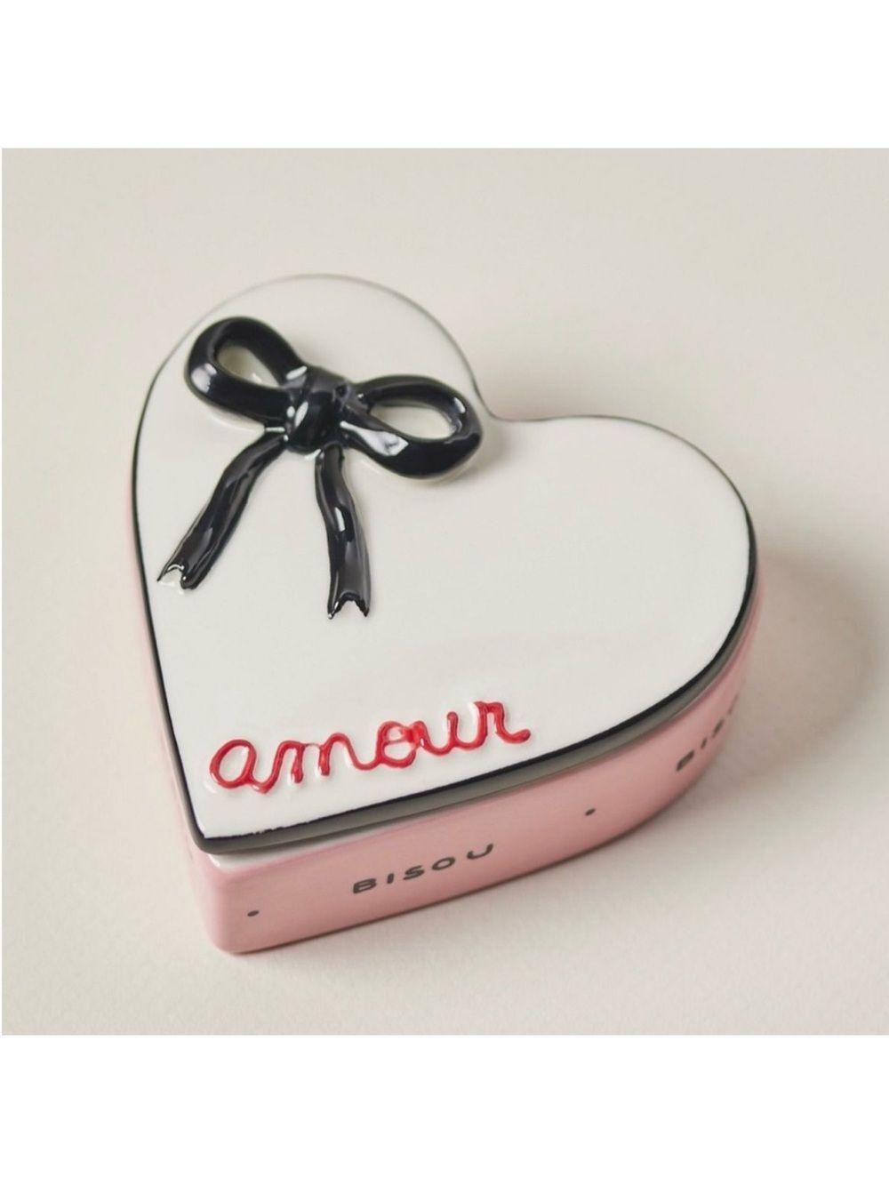 Anthropologie Amour White Pink Black Bow Ceramic Heart Shaped Trinket with a Lid